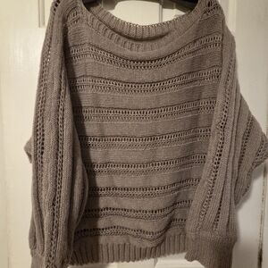 Taupe- Pointelle Knit Batwing Slouched Neck Openwork Sweater.  Size: 14-16plus